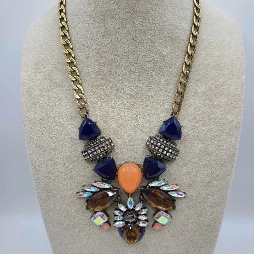 J Crew Chunky Vintage Navy Coral Resin with Large Amber & Clear Crystal Necklace